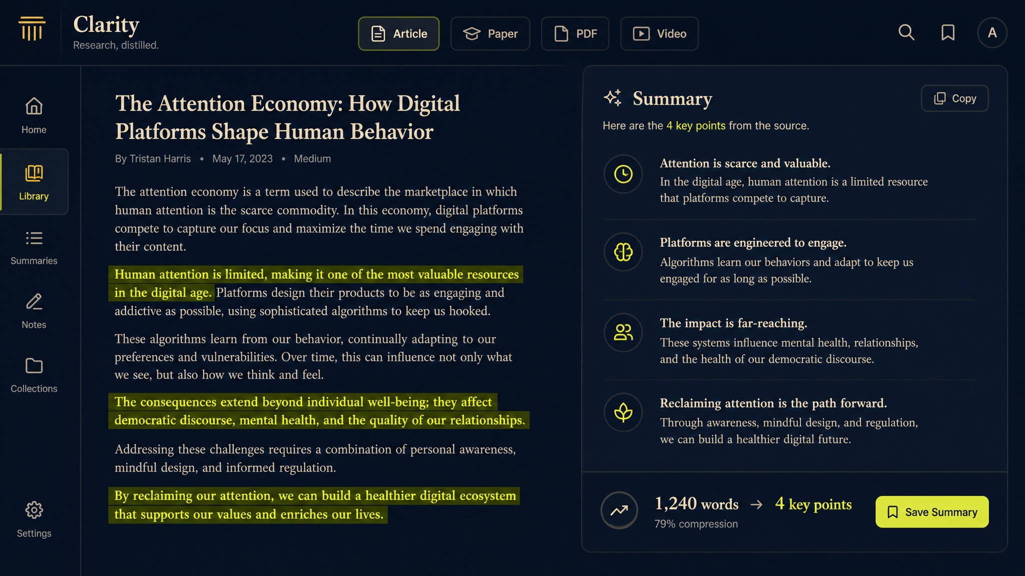 Aginsi reading view: an article with highlighted key points beside a concise summary